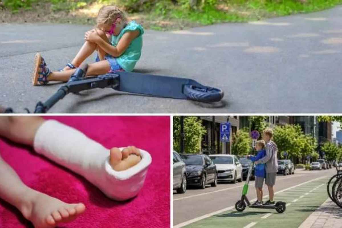 Maža mergaitė sėdi ant kelio šalia pasvirusio paspirtuko
